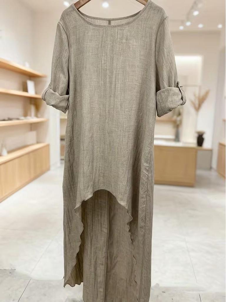 Женский льняной асимметричный длинный топ - Круглый вырез, Свободный крой, Неровный подол, Универсальная модная рубашка