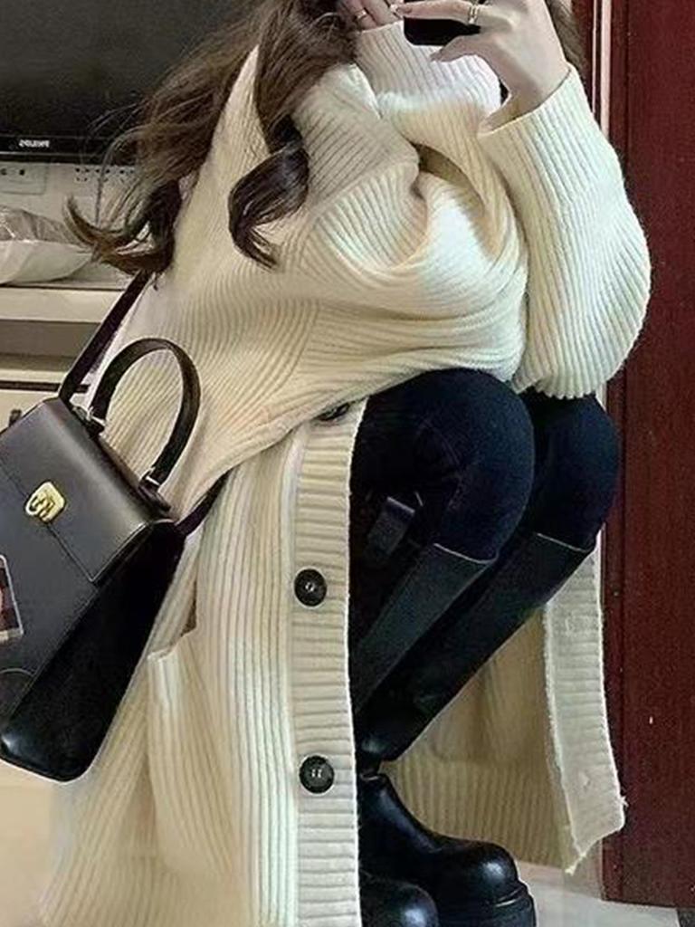 Женский свитер средней длины, кардиган, свободная вязаная куртка с v-образным вырезом