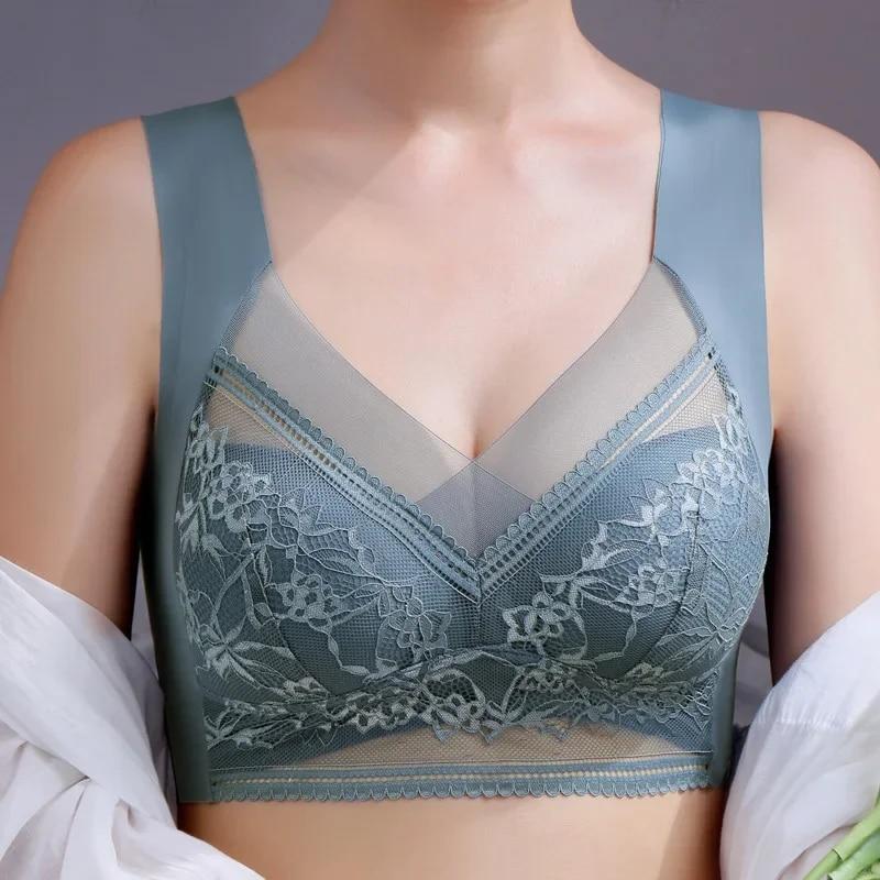 Sexy Lace Bras for Women Perspective Full Cup Solid Color Brassiere V-Neck Seamless Crop Top Female Push Up Breathable Lingerie