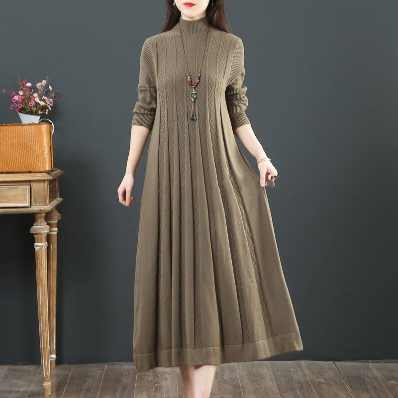NEW Autumn Winter Covering Belly Dress Middle Aged Elderly Mother Retro Long Knitted Sweater Dresses Vestidos