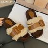 Fur Flats Women Slippers Fashion Platform Short Plush Buckle Winter Shoes 2025 Trend Designer Walking Home Chaussures Ladies