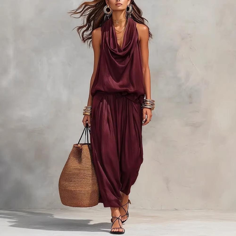 Elegant Polyester Sleeveless Shirt And Long Pants Set For Women In Spring Casual Wear