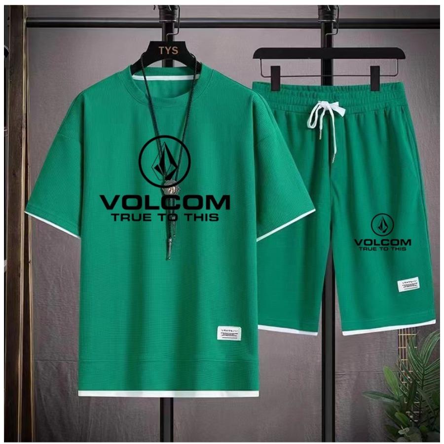 2025 VOLCOM Новый мужской спортивный костюм из 2 предметов с коротким рукавом, костюмы с принтом, футболка + штаны, студенческая повседневная летняя спортивная одежда