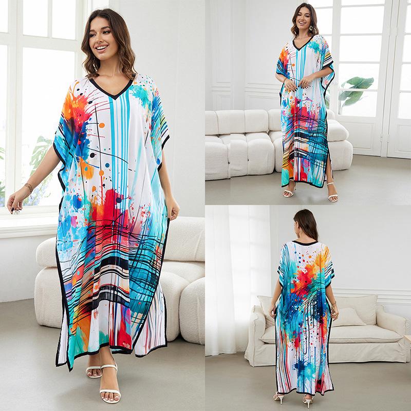 Свободный хлопковый халат большого размера с принтом - Пляжная накидка для женщин
