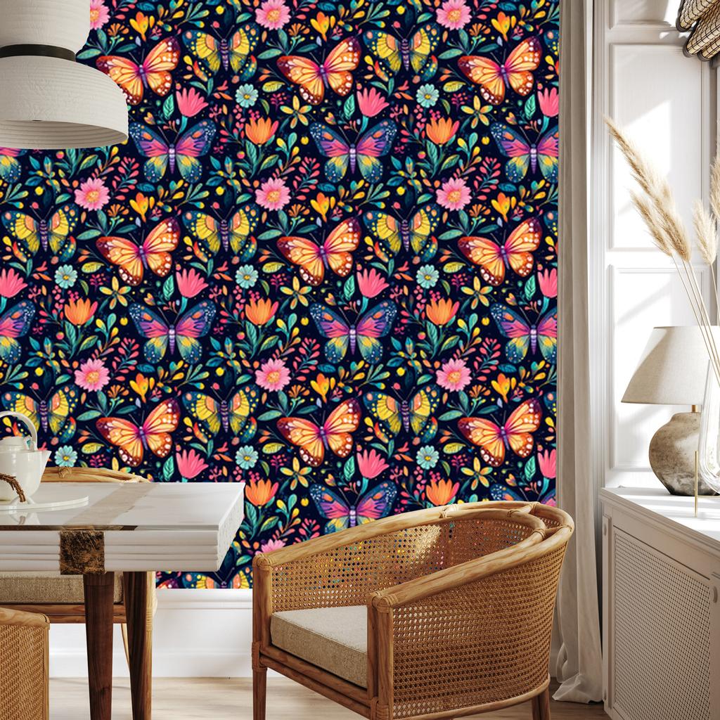 Wallpaper Colorful Butterflies Navy Blue, Turquoise and Burgundy 50x1000
