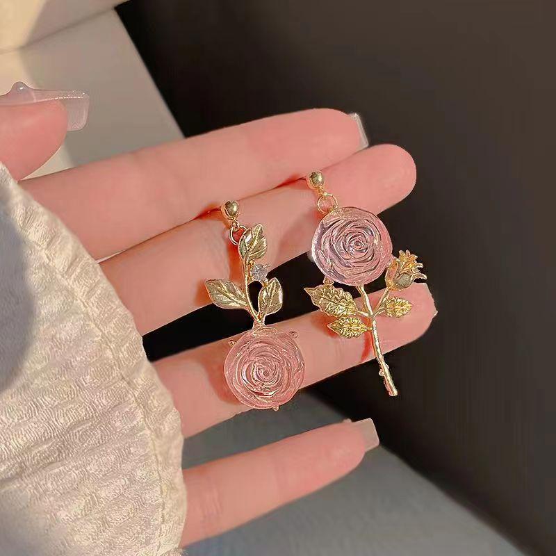 "S925 Silver Asymmetrical Rose Flower Earrings - 2023 High-End Niche Design"