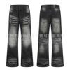 Mens Distressed Straight-Leg Flared Jeans With Whiskering Mid-Rise Cotton Denim Washed Vintage Streetwear Style