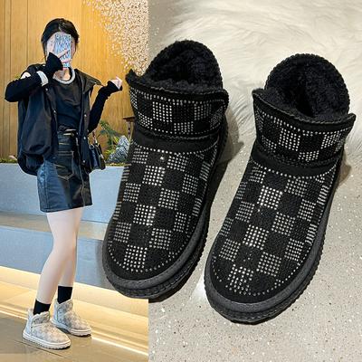 Модные женские сапоги на платформе из замши со стразами 2024 года, зимняя новая корейская версия женских хлопковых сапог с флисом, толстая теплая обувь