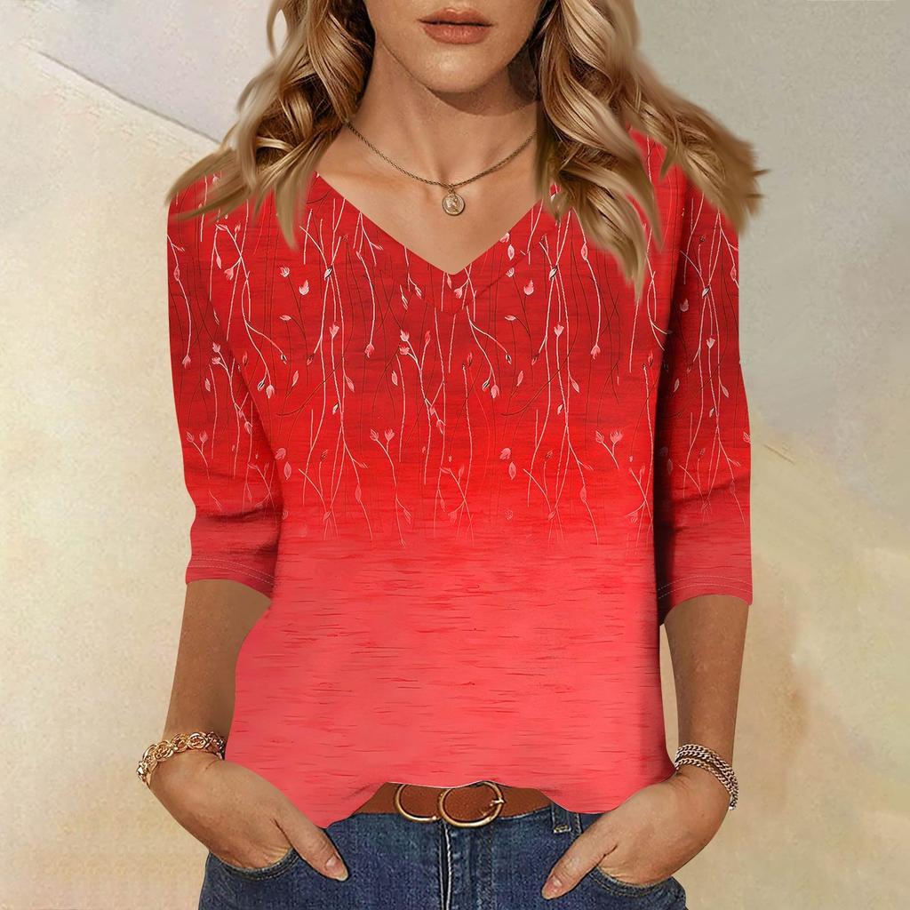 Women's Tops Three-quarter Sleeve Shirt V-neck Loose Casual Shirt Floral Print T-shirt