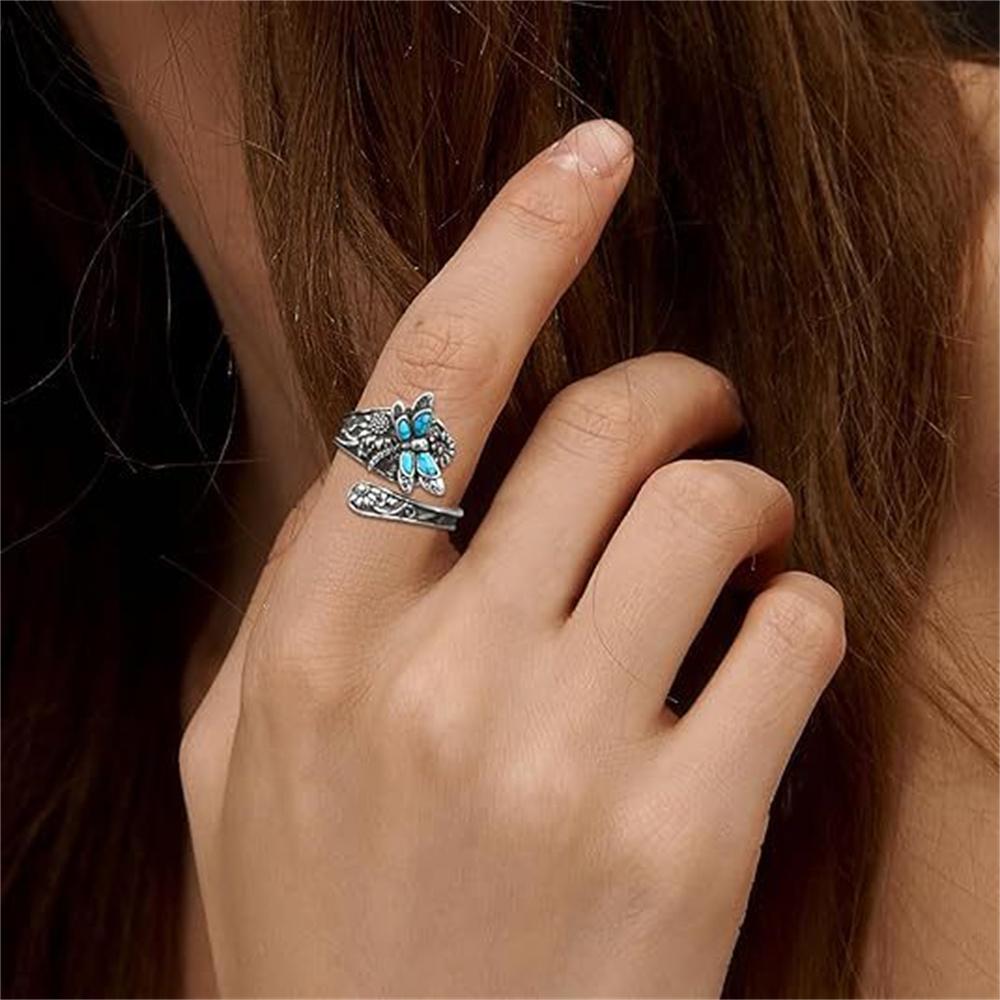 1 Pcs 925 Sterling Silver Vintage Ring Flower Dragonfly Blue Opal Open Adjustable Rings Jewelry Birthday Gift For Women Men