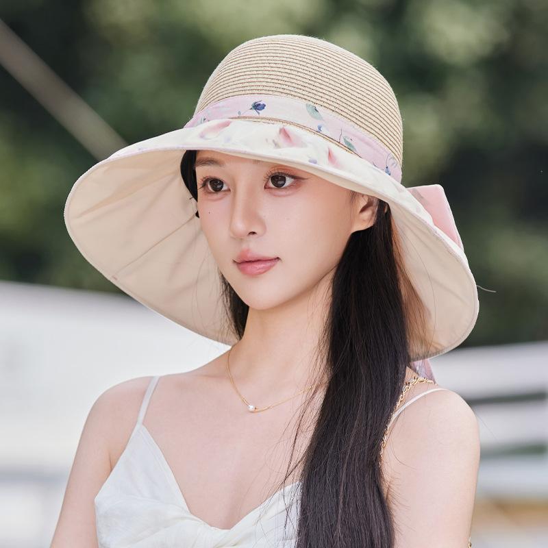 Taizhou Wenling summer hat women's printed grass top breathable bucket hat big brim shows small face high-end sun protection hat