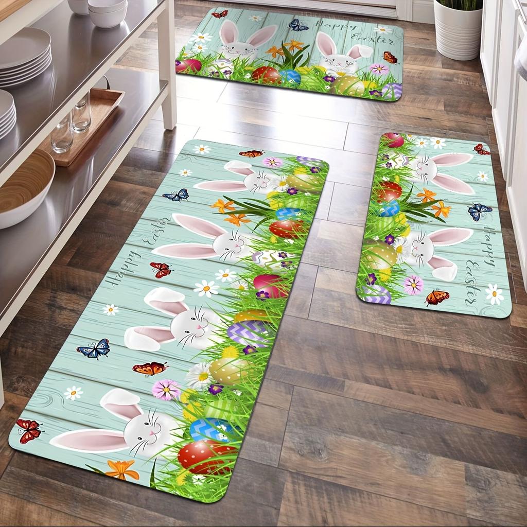 1Pcs Easter Themed Kitchen Mat Soft Cute Bunny Egg And Wood Grain Print Kitchen Floor Mat Waterproof Non-slip Oil-proof Floor Mat Runner Rug