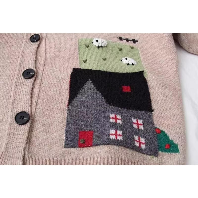 2023 Winter Autumn Women Solid Buttons Pattern Print Sweaters Jacket Knitting Fashion Oversize Casual Style Loose Cardigan Sweater