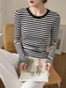 Женская приталенная хлопковая футболка с длинным рукавом в черно-белую полоску - Осень/Зима 2025