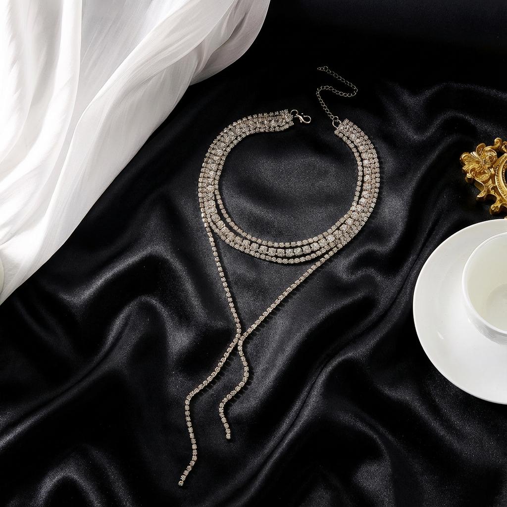 Fashion Full Rhinestone Long Tassel Choker Necklace for Women Multi-layer Y-shaped Collar Wedding Party Jewelry Neck Accessories