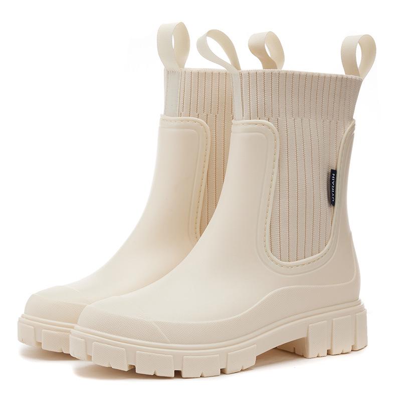 Women's Elastic Mid-Calf Waterproof Fashion Rain Boots - Wear-Resistant, Non-Slip, Height-Increasing, Solid Color.