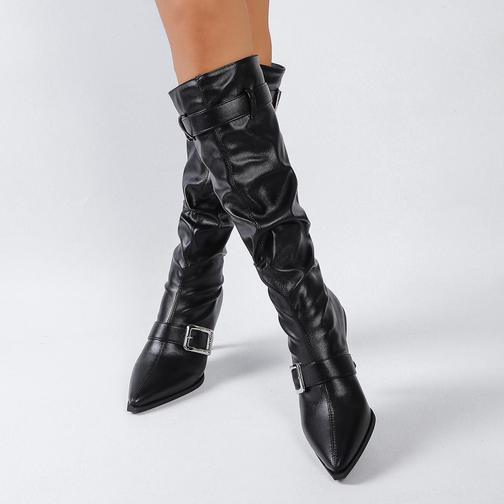 Fashion Fashion Metal Buckle Decor Long Boots for Women Solid Color Pointed Toe Autumn Knee High Boots Sexy Thin High Heel Party Shoes