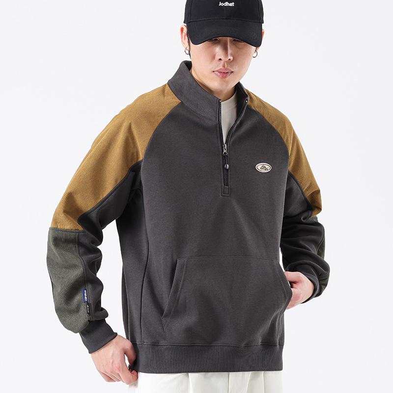Men's Retro Half-Zip Patchwork Stand Collar Raglan Sleeve Hoodie - Autumn/Winter Collection