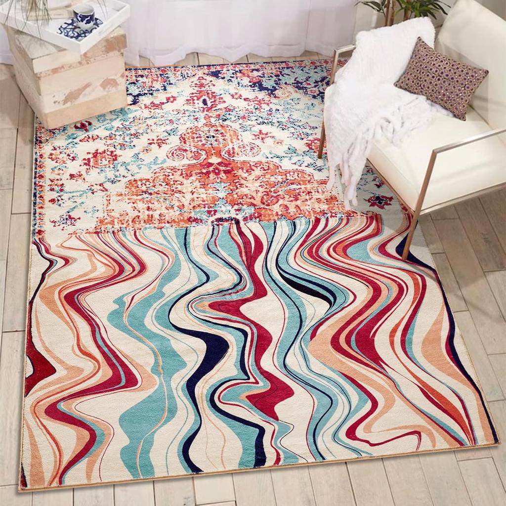 Vintage Wine Red Melting Oriental Carpet for Living Room Bedroom Soft Non-Slip Area Rug Balcony Boho Wavy Funky Abstract Rugs