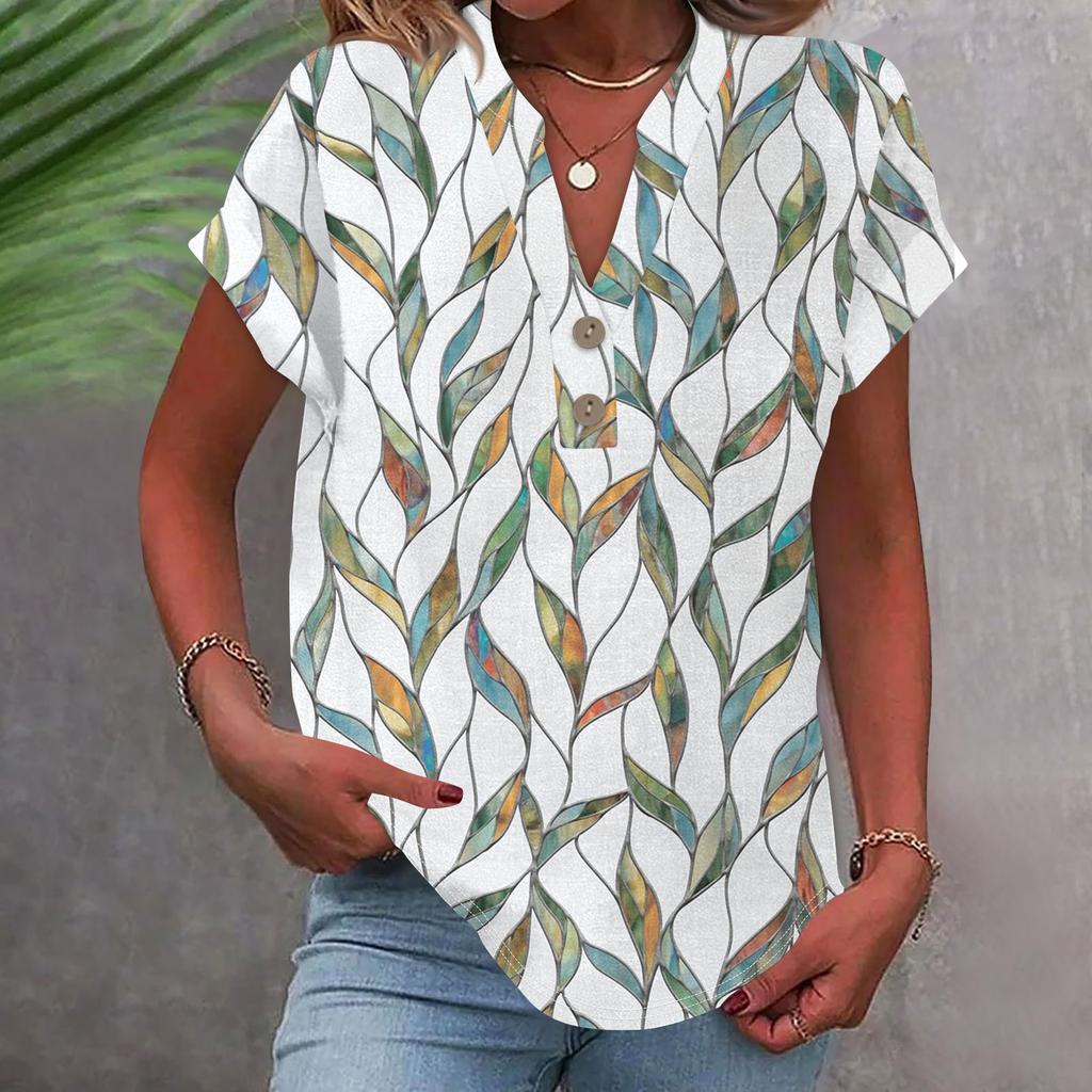 Женская модная повседневная рубашка с v-образным вырезом и коротким рукавом с принтом, футболка на пуговицах, топ