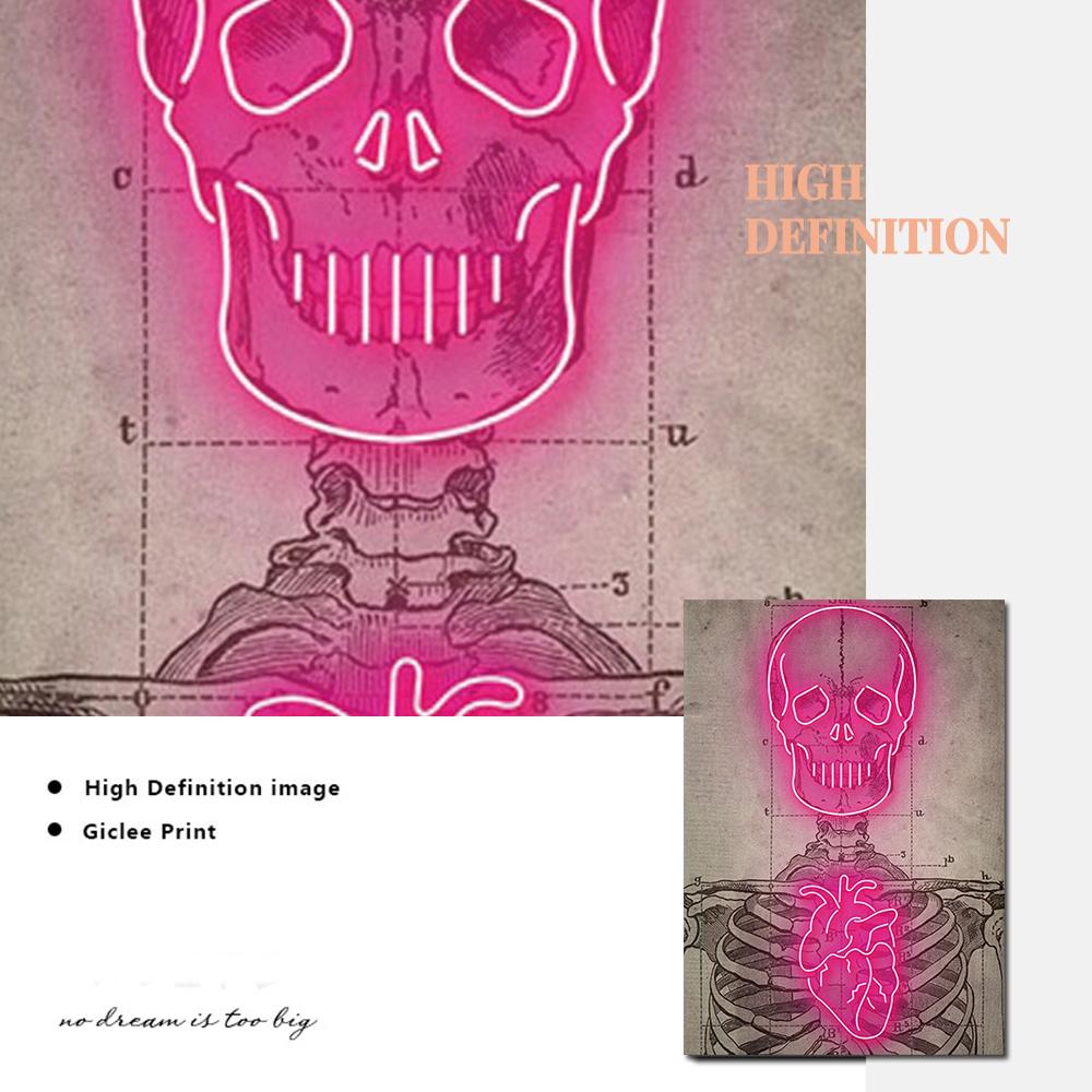 Неоновый скелет, винтажная диаграмма, художественный принт, медицинский плакат, современное неоновое сердце, холст, картина, доктор, офисная комната, настенные панно, Декор