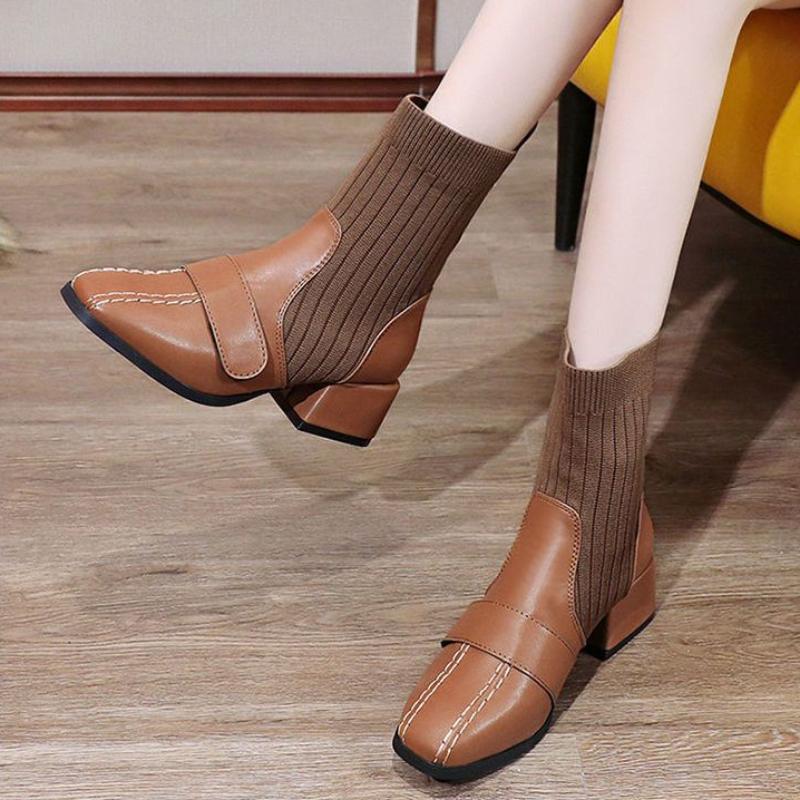Female Ankle Boots Sock Short Shoes For Women Elastic Booties Brown Footwear Comfortable And Elegant On Offer Korean Style Pu