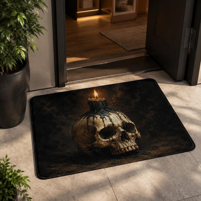 Mysterious Skull Burning Candle Mat, Gothic Non-Slip Rug, Spooky Halloween Door Carpet, Dark Aesthetic Entryway Decor