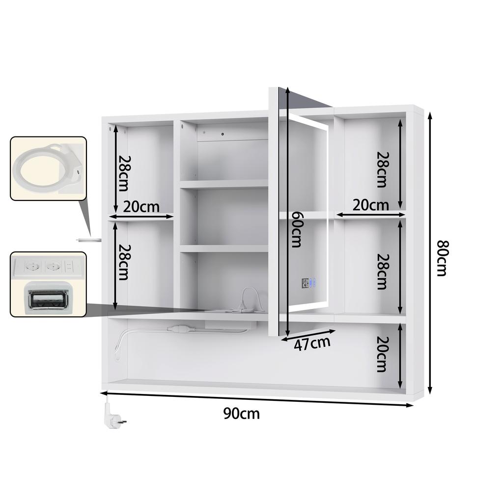 LED Bathroom Cabinet With 2AC/2USB Power Socket Hair Dryer Holder 3 Color Light Adjustable Open-Shelf Wall Cabinet Mirror