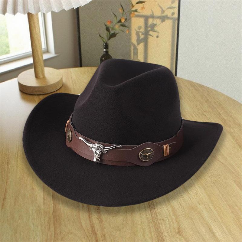 Spring and summer new retro cow head belt crimped woolen cowboy hat children's ethnic style outdoor grassland sunshade top hat