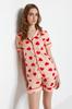 Women's Fashion New Pajama Set Salmon 100% Cotton Heart Patterned Bias Detailed Shirt-Shorts Knitted Pajama Set