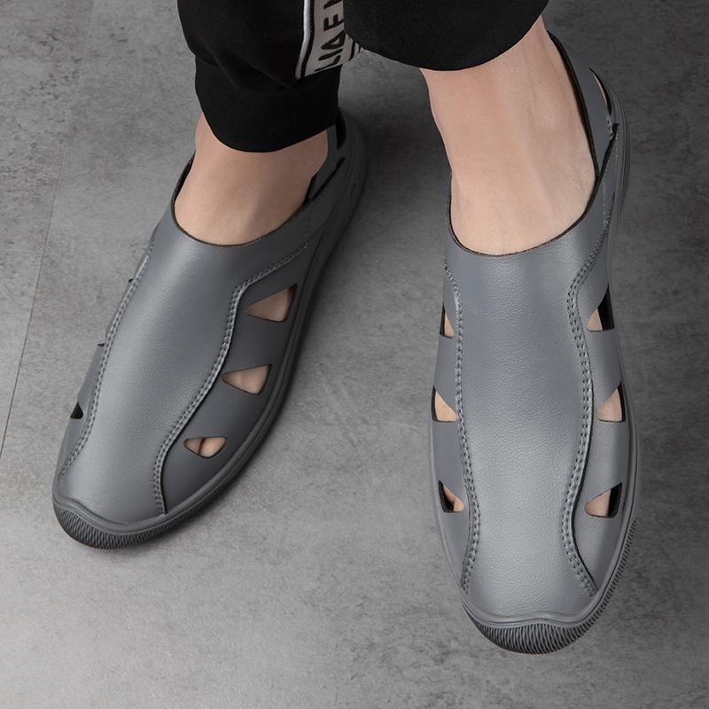Fashion Summer Outdoor Mens Hollow Out Loafers Casual Leather Flats Breathable Slip On Business Driving Sandals Non-slip Men's Sandals