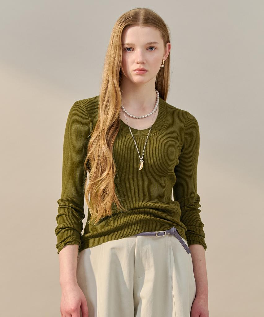 MAXZA Basic Slim U-Neck Ribbed Knit