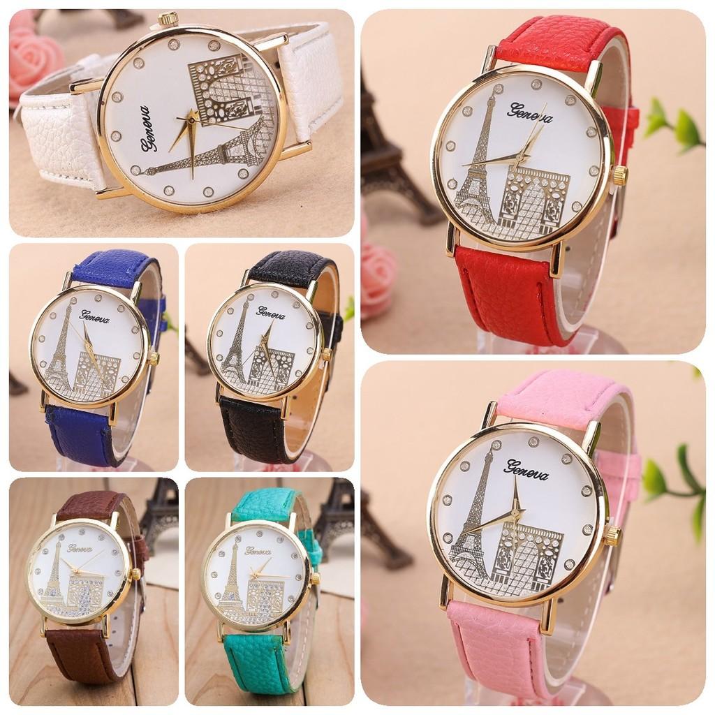 Elegant European Style Geneva Eiffel Tower Water Crystal Quartz Watch With Pu Strap