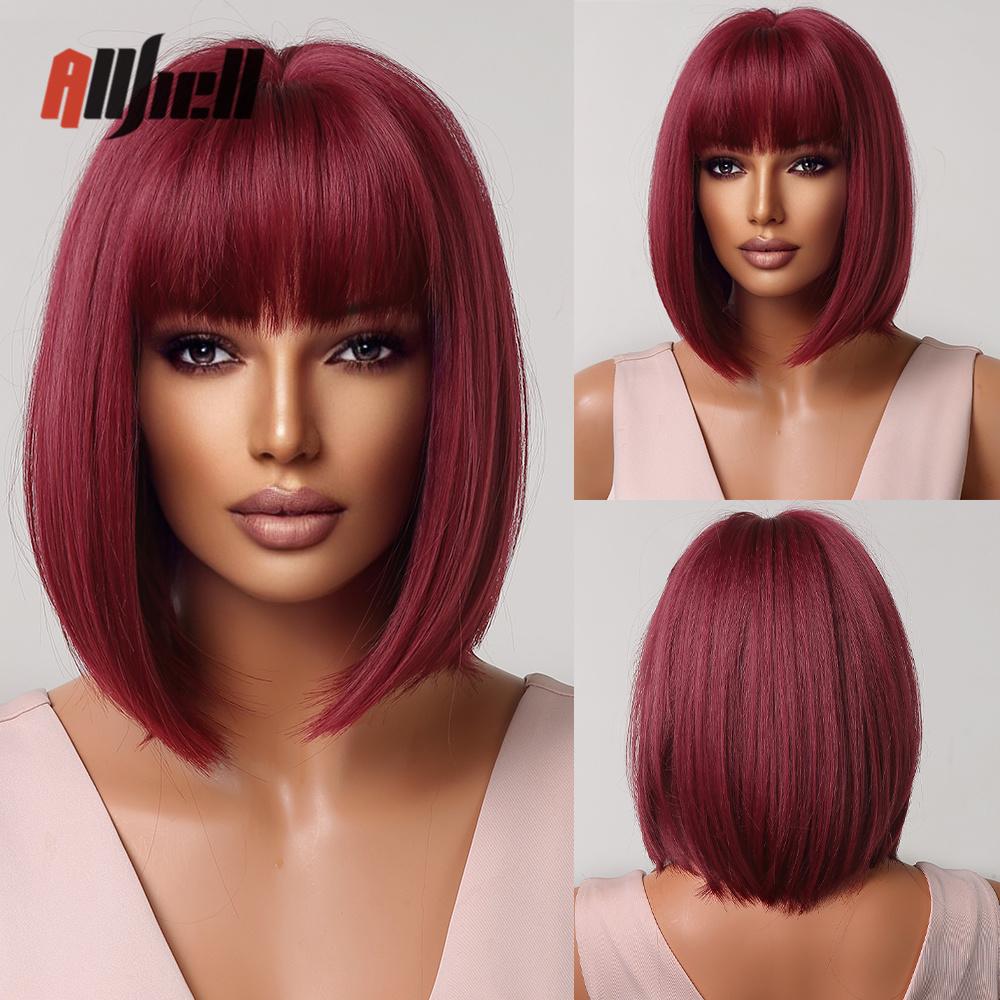 Synthetic Bob Hair Wig with Bangs Ombre Platinum Blonde Cosplay Wigs for Women Short Heat Resistant Female Daily Lolita Wavy Wig