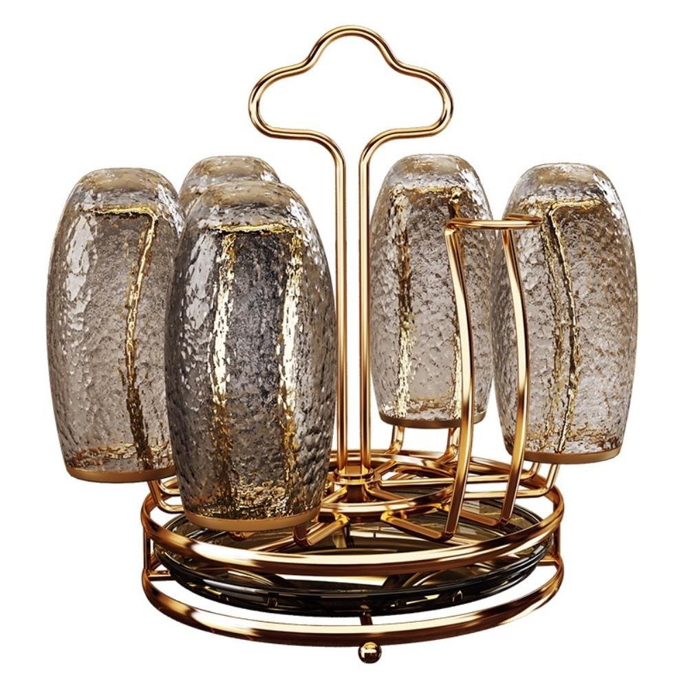 360° Rotation Cup Holder with Water Drain Tray Gold Glass Cup Storage Rack Mug&Cup Organizer Bar