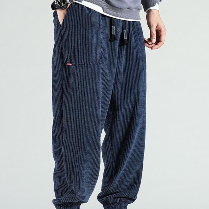 Мужские темно-синие вельветовые повседневные брюки с боковым карманом и кулиской на талии