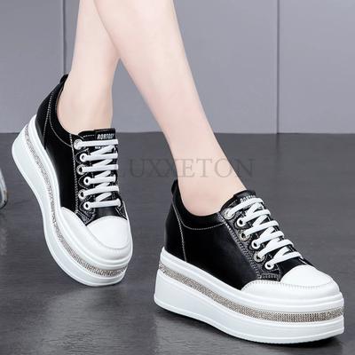 8 см новые высококачественные кроссовки из натуральной кожи на платформе и танкетке, повседневные массивные женские кроссовки до щиколотки, весна-осень, со стразами, удобные туфли