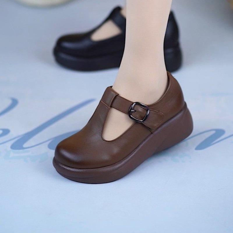 Retro New T-shaped Soft Leather Women's Shoes Autumn Soft Sole Round Head Thick Sole Single Shoes Casual Small Leather Shoes