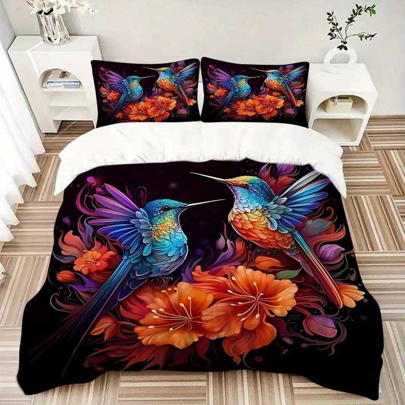 3pcs Colorful Hummingbirds Amidst Vibrant Flowers Quilt Set Cartoon Themed Bed Quilt Set Lovely Character Bedroom Decor Bed Quilt Set Four Season