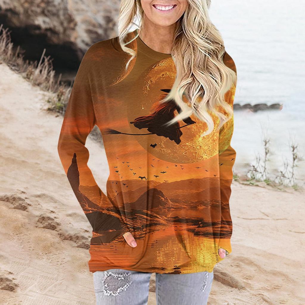 Женская модная повседневная футболка с круглым вырезом и принтом, длинными рукавами и карманами