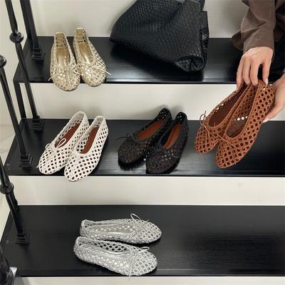 Серебристые сетчатые плетеные туфли-балетки с бантом, сандалии на плоской подошве, плетеные вручную, полые, с легким вырезом, одинарные туфли