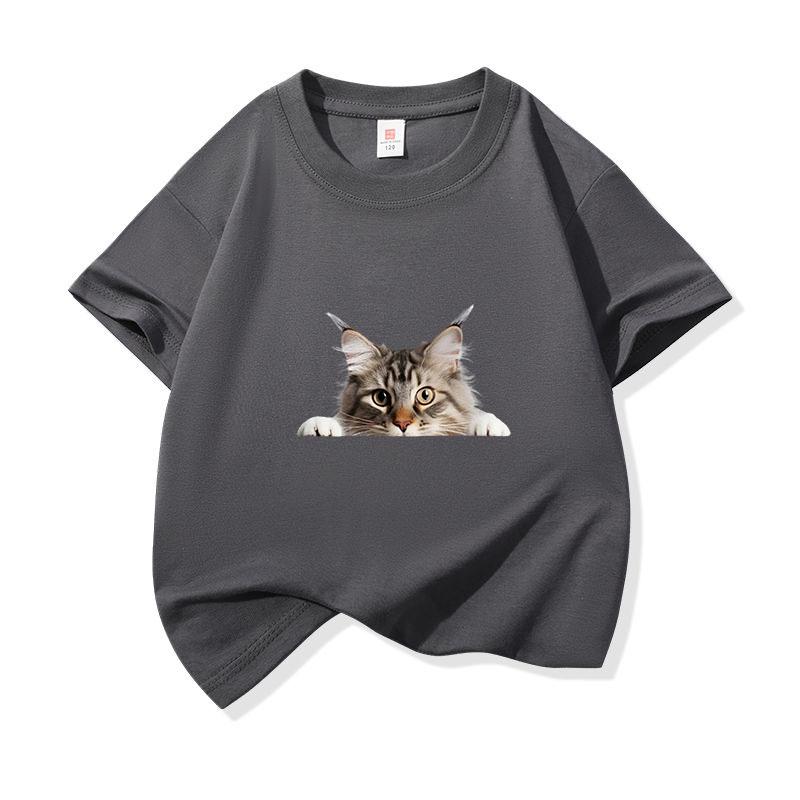 Kids Cotton T Shirt Peeking Maine Cat Pattern Print Crew Neck Short Sleeve Tee Casual Breathable Boys Girls Summer Tops