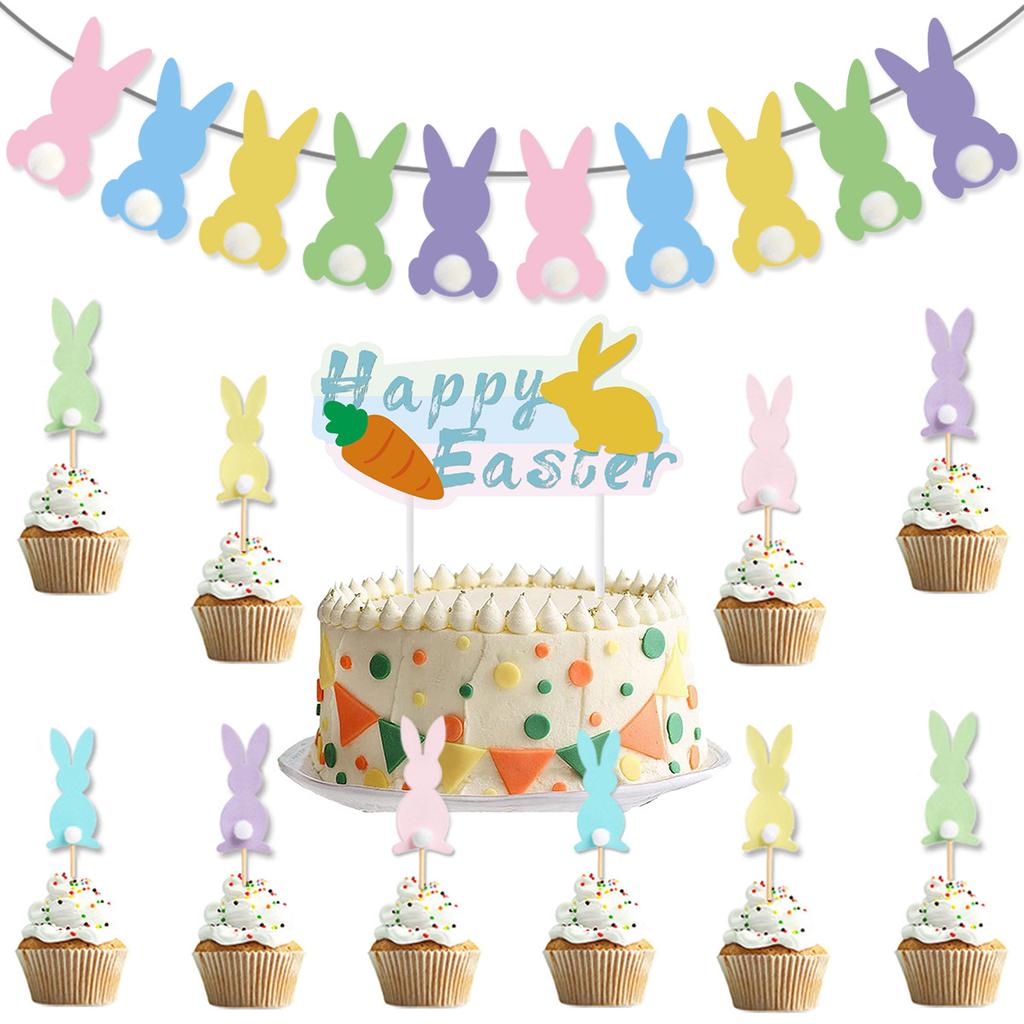 Easter Egg Rabbit Theme Party Pompom Rabbit Flag Spiral Pendant Cake Plug