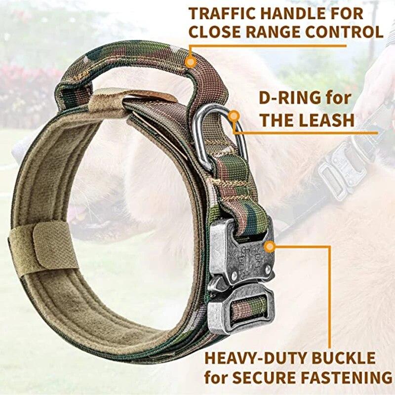 Military Tactical Dog Collar Durable Adjustable Nylon Collar with Control Handle for Medium Large Dogs Walking Pet Supplies