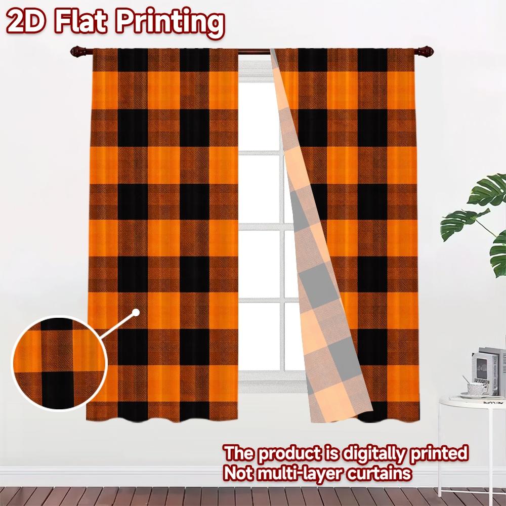 2D FLAT PRINTING 2pcs Curtains (Without Rod) Halloween Orange Black Checks Popular Minimalist Curtains Prints Light Filtering