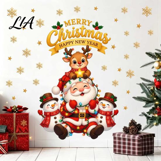 Removable Festive Wall Decor for Home Christmas Santa Claus and Deer Sticker, Waterproof PVC Decal Holiday Stickers Winter Party Decoration,