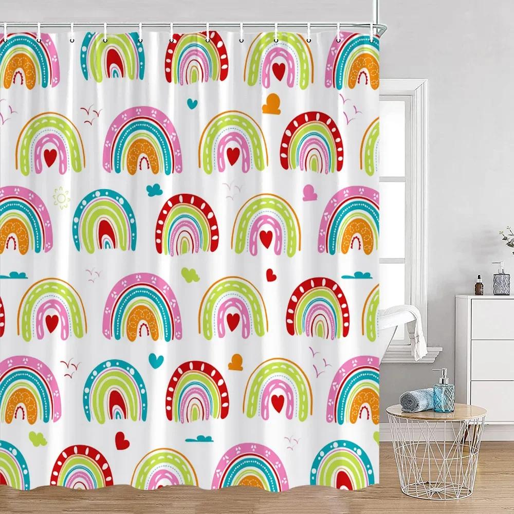 Cute Rainbow Heart Pattern Shower Curtain Children's Simple Modern Bathtub Decorative Polyester Bathroom Shower Curtain