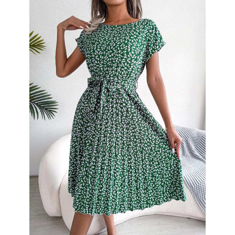 Ins Style Spring and Summer New Casual Short-sleeved Floral Large Swing Pleated Skirt European and American Women's Clothing
