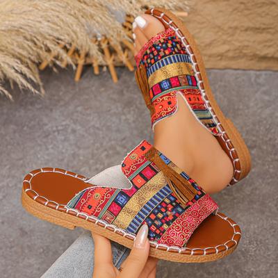 Модные женские тапочки Модные тапочки с бахромой для улицы на плоской подошве Женские 2025 Новые повседневные пляжные праздничные тапочки Сандалии с открытым носком Шлепанцы Женские