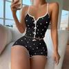 Heart Print Ribbed Frill Trim Pajama Set, Cute Bow Notched Neck Cross Strappy Backless Crop Cami Top & Elastic Shorts, Women's